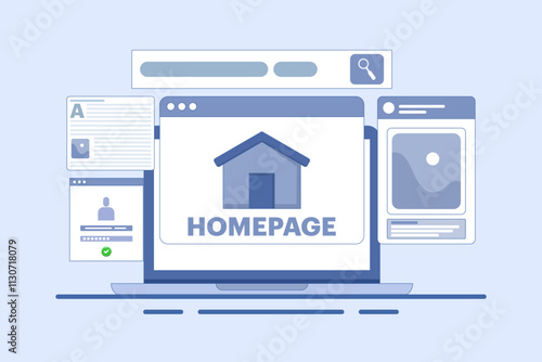 Homepage concept, web page design on laptop. working on website homepage development, optimization and setup. Modern flat cartoon style. Vector illustration on background.