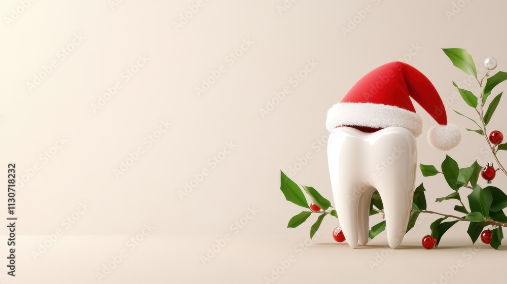 Fototapeta premium Clean and festive tooth wearing a Santa hat with mistletoe background for holiday advertising