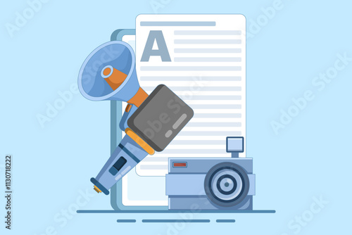 Journalist concept. Mass media news. Journalist with microphone writing article in newspaper or magazine on laptop. TV, internet and radio journalism. Flat vector illustration on background.