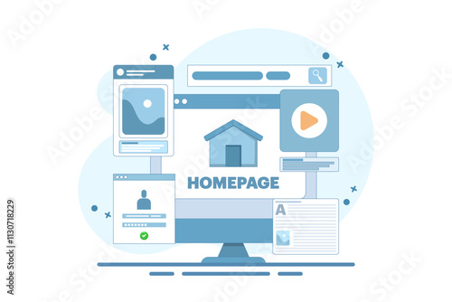 Homepage concept, web page design on laptop. working on website homepage development, optimization and setup. Modern flat cartoon style. Vector illustration on background.