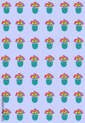 seamless pattern with minimalist flower vases on light purple background 