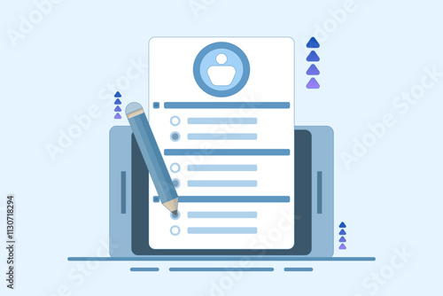 questionnaire concept. questions and answers. device with survey form using pencil. Filling or answering survey or questionnaire. flat vector illustration on background.