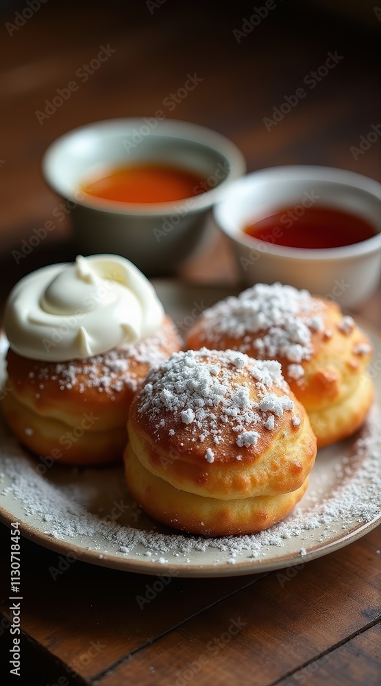 Three homemade donuts dusted with powdered sugar on a plate, accompanied by bowls of sauce and a creamy topping, set on a rustic wooden table Three homemade donuts dusted with powdered sugar on a plate, accompanied by bowls of sauce and a creamy topping, set on a rustic wooden table