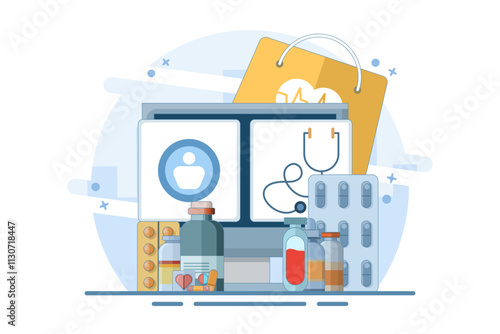 Online health telemedicine concept. Online medical consultation and healthcare services via internet clinic device application connected to computer. Online doctor consultation. Flat vector illustrati