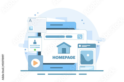 Homepage concept, web page design on laptop. working on website homepage development, optimization and setup. Modern flat cartoon style. Vector illustration on background.