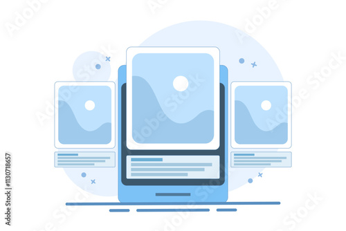 mobile photography app concept, social networking app photo comments on mobile or online community service image sharing on smart phone. flat vector illustration on background.