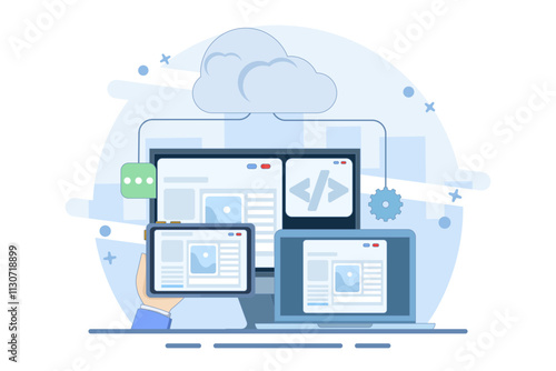 Cloud based web hosting concept, Website hosted on cloud server, Backup file upload technology on cloud server storage. Cloud hosting for websites and applications, Flat vector illustration.