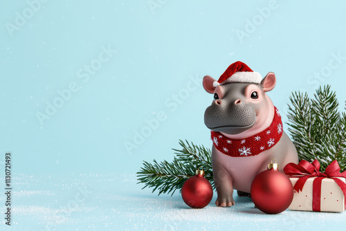 cute pygmy hippopotamus wearing Santa hat and scarf, surrounded by s decorations, evokes festive spirit photo