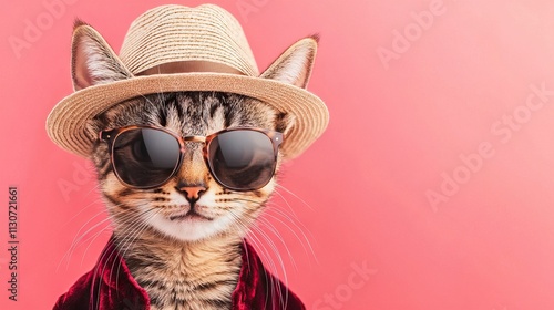 Stylish cat with a hat and sunglasses on pink background