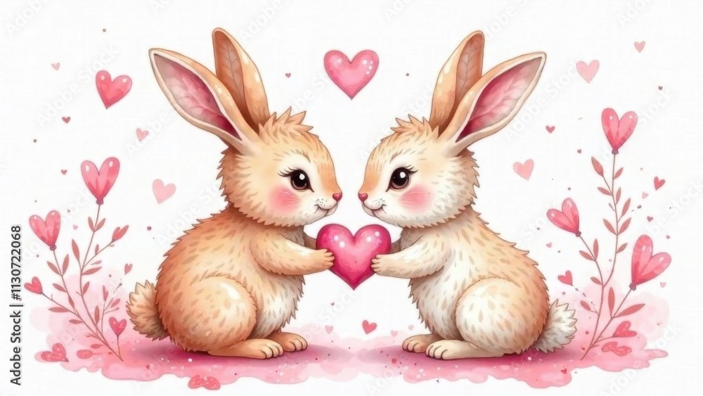 Obraz premium Two cute little bunnies holding a heart on a white background, postcard for Valentine's Day or Easter