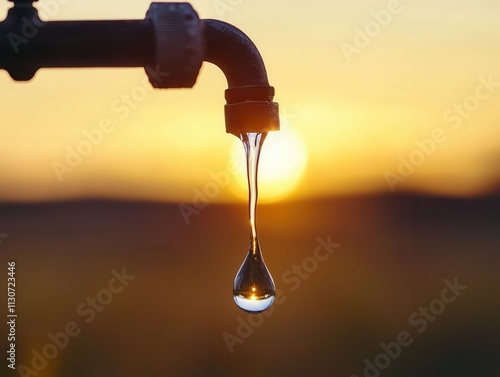 Water Scarcity Management Concept. Dripping water from a faucet against a vibrant sunset background.