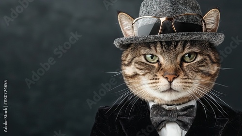 Formal tabby cat wears hat and sunglasses in style photo