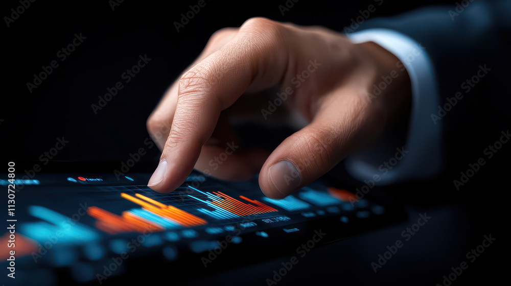 Naklejka premium close up of hand interacting with digital screen displaying colorful data graphs, showcasing technology and analytics