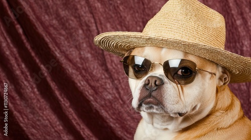 Chic bulldog in straw hat with textured red fabric photo