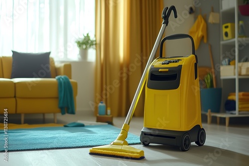 A Complete Cleaning Setup Featuring White Mop, Yellow Vacuum Cleaner, and Vibrant Cloths for Dusting in a Neat Room
