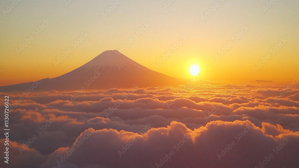 元旦の初日の出と富士山が浮かぶ雲海 元旦の初日の出と富士山が浮かぶ雲海