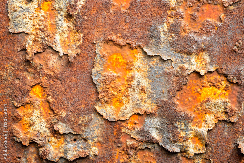 Naklejka premium Close-up of weathered rusty metal surface with peeling paint texture