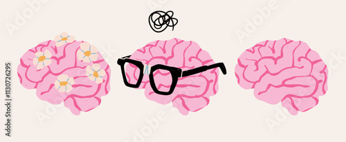 Various Brain set. Brain icons collection with flowers, nerd googles. Cartoon style. Hand drawn modern Vector illustration. Idea, mind, cognition, thinking concept. Isolated design elements