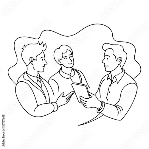 Line Drawing of Men Talking - Conceptual Line Art Vector Illustration photo