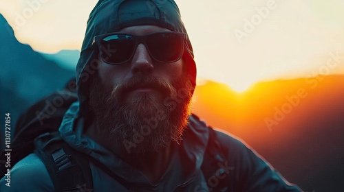 Bearded hiker with sunglasses at sunrise hiking adventure. photo