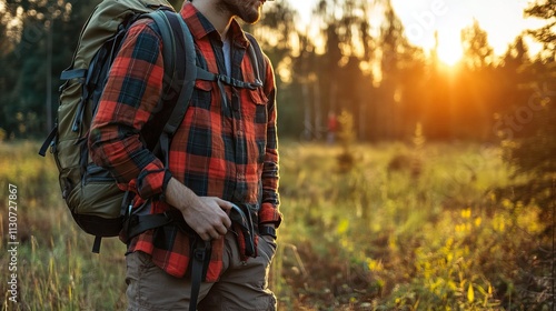 Hiker with backpack in the forest during golden hour. photo