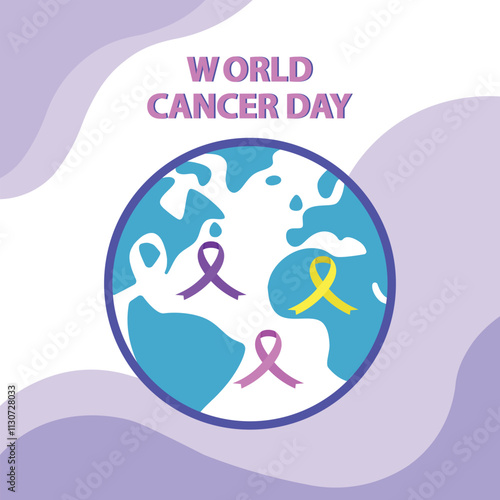 World Cancer Day Awareness Illustration with Purple and Yellow Ribbons.