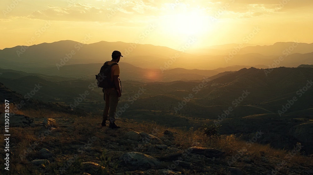 Obraz premium Silhouette of hiker at sunset overlooking distant hills