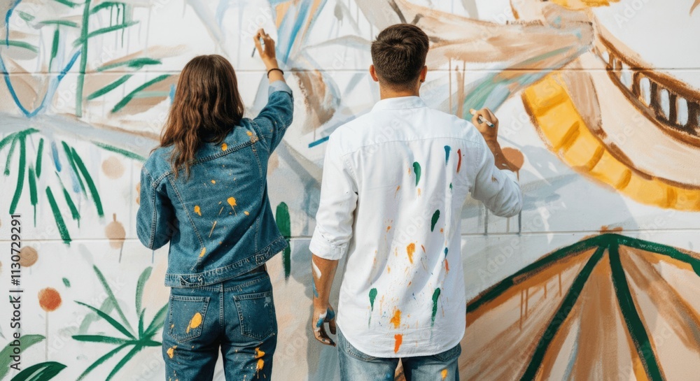 Fototapeta premium Caucasian young adults painting mural together outdoors