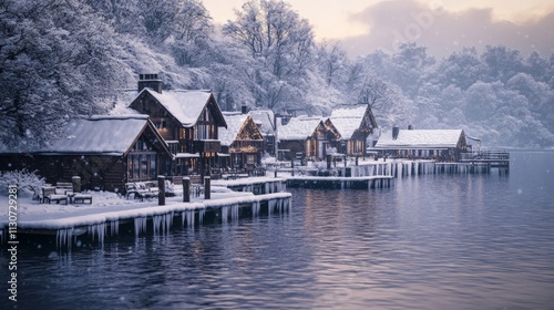 Charming Winter Cabins by a Snowy River with Serene Reflections and Peaceful Waters
