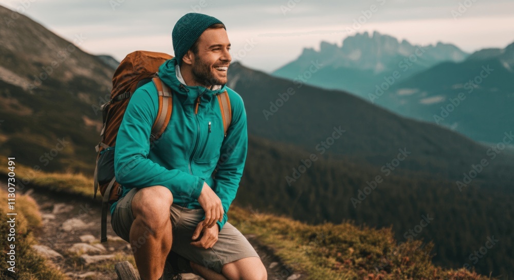 Fototapeta premium Young caucasian male hiker enjoying mountain scenery with backpack