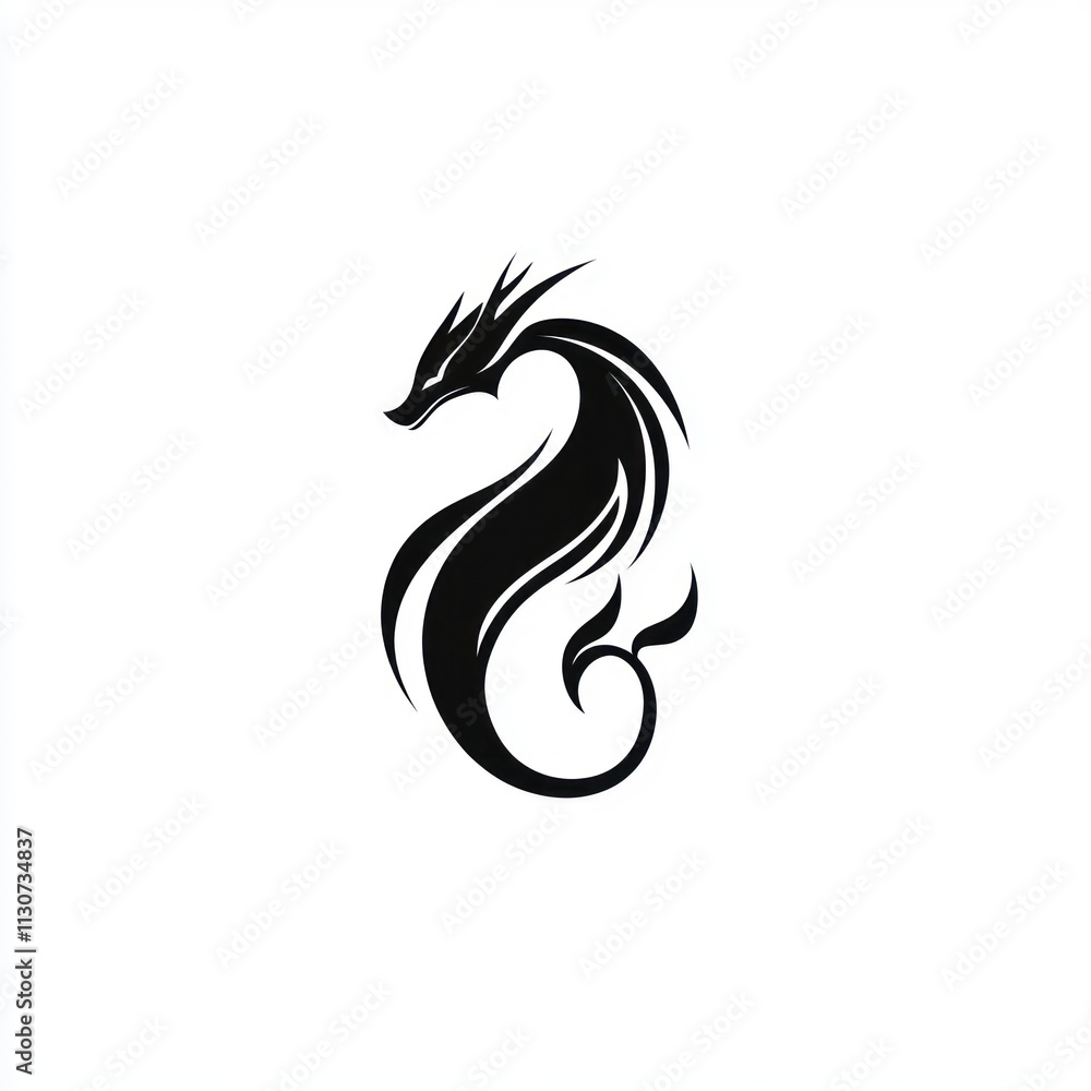 Obraz premium Stylized black dragon design, mythical creature, elegant curves, isolated on white.