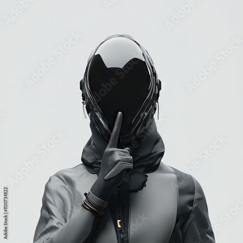 Futuristic figure with helmet gesturing silently photo