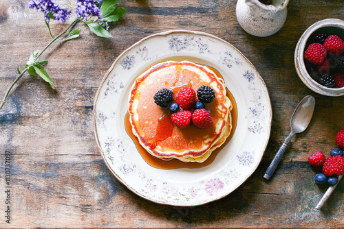 Wallpaper Mural Delicious pancakes topped with fresh berries and maple syrup on rustic table setting Torontodigital.ca
