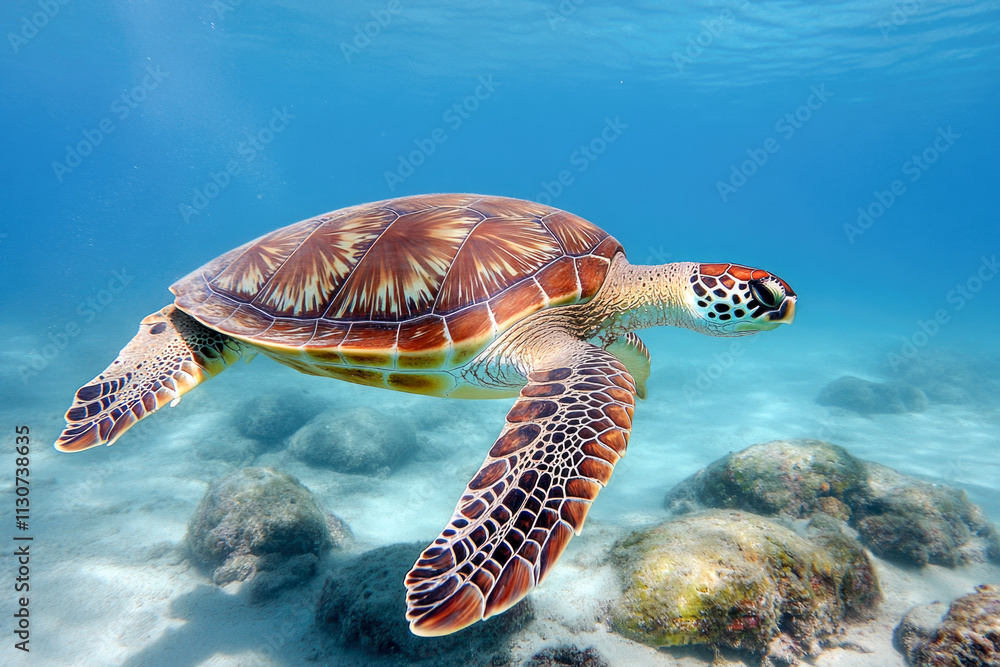 Fototapeta premium Sea turtle swimming gracefully in clear ocean waters