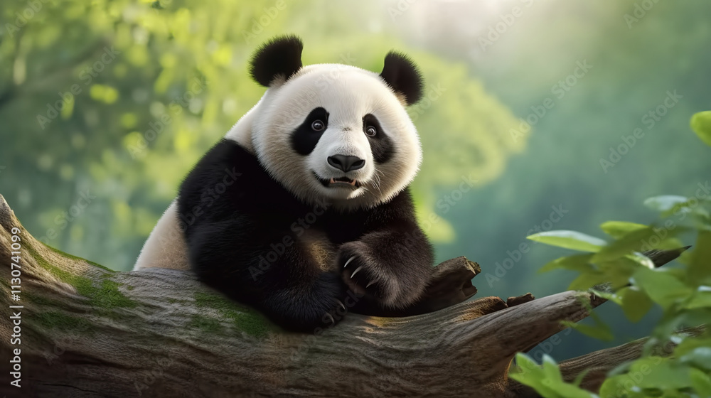 Fototapeta premium A cute panda sits on the tree trunk