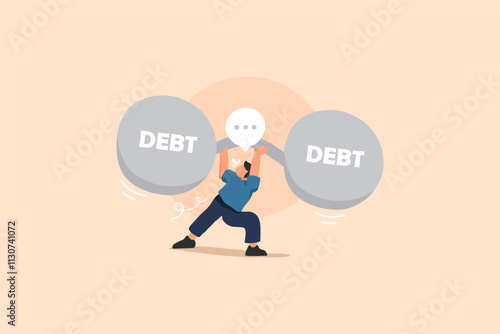 Debt and Financial, burden, Struggle Illustration. A Man Lifting a Heavy Debt Ball Like a Weight.