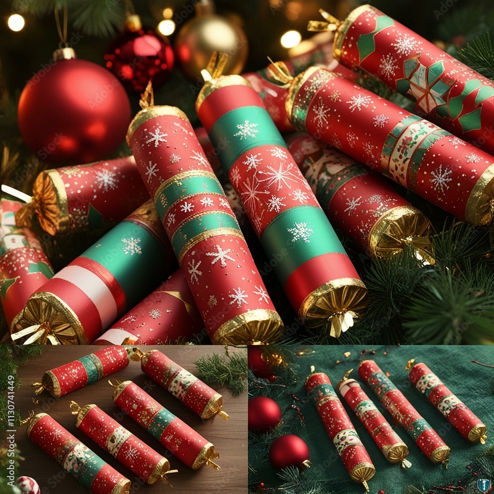 Fototapeta premium Decorative Christmas Crackers and Festive Cylinders with Elegant and Artistic Designs