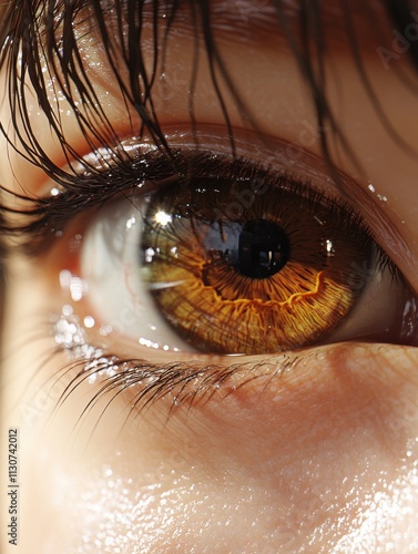 Close-up of a Chinese girl's eye, showcasing herbeautiful eyes with long eyelashes and thickeyebrows.Her pale skin is depicted in a neutraltone,emphasizing a photorealistic style. Thescene captures re photo