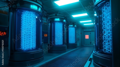 A futuristic corridor featuring illuminated blue tanks, showcasing a sci-fi laboratory or storage area with sleek design and ambient lighting.
