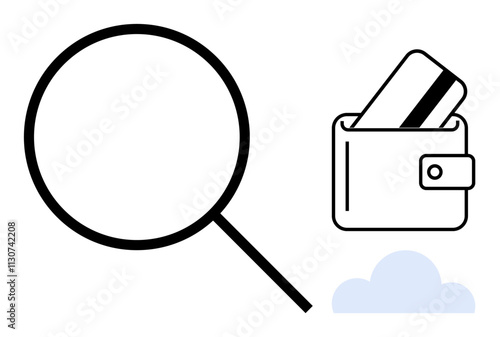 Magnifying glass near wallet with credit card and cloud icon. Ideal for finance, banking, online transactions, e-commerce, cybersecurity, personal finance management, savings. Line metaphor
