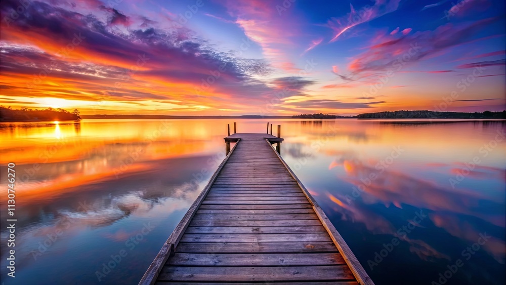 Fototapeta premium Serene Sunset Reflection on Calm Lake Water with Wooden Dock