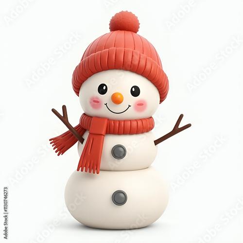 The image shows a small, cartoon-style snowman with a simple and adorable design. It features a smiling face with a carrot-shaped orange nose and rosy cheeks that add a cute touch