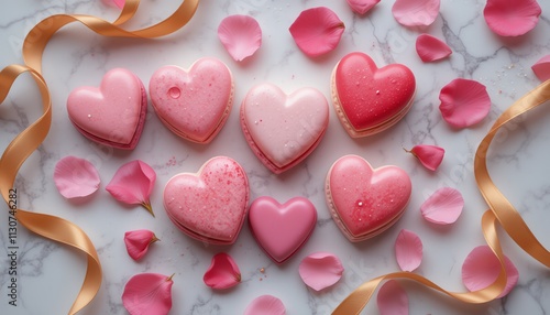 Pattern pink heart love - Heart-shaped macarons in shades of pink and red, surrounded by rose petals, ribbons, and a marble backdrop, give valentine day a romantic and elegant vibe.
 photo