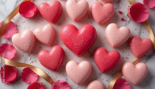 Pattern pink heart love - Heart-shaped macarons in shades of pink and red, surrounded by rose petals, ribbons, and a marble backdrop, give valentine day a romantic and elegant vibe.
 photo