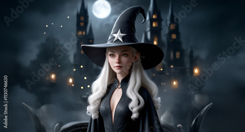 Enchanting Young Witch with Silver Hair in Moonlit Fantasy Castle Scene