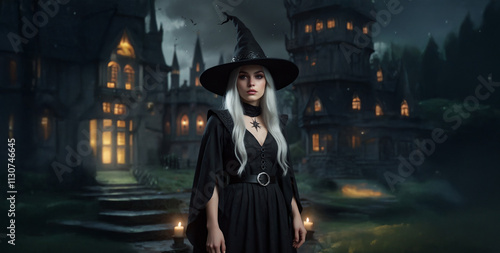 Enchanting Young Witch with Silver Hair in Moonlit Fantasy Castle Scene