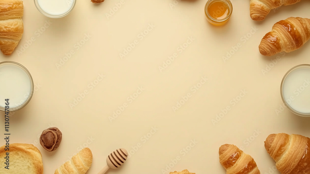 Obraz premium minimalistic breakfast table with croissants, milk, honey, and bread placed artistically on a beige background.