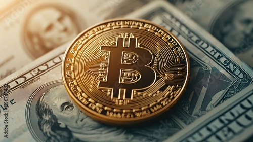 Bitcoin dominance trading bots Concept. Bitcoin coin on a stack of dollar bills, symbolizing digital currency and finance.