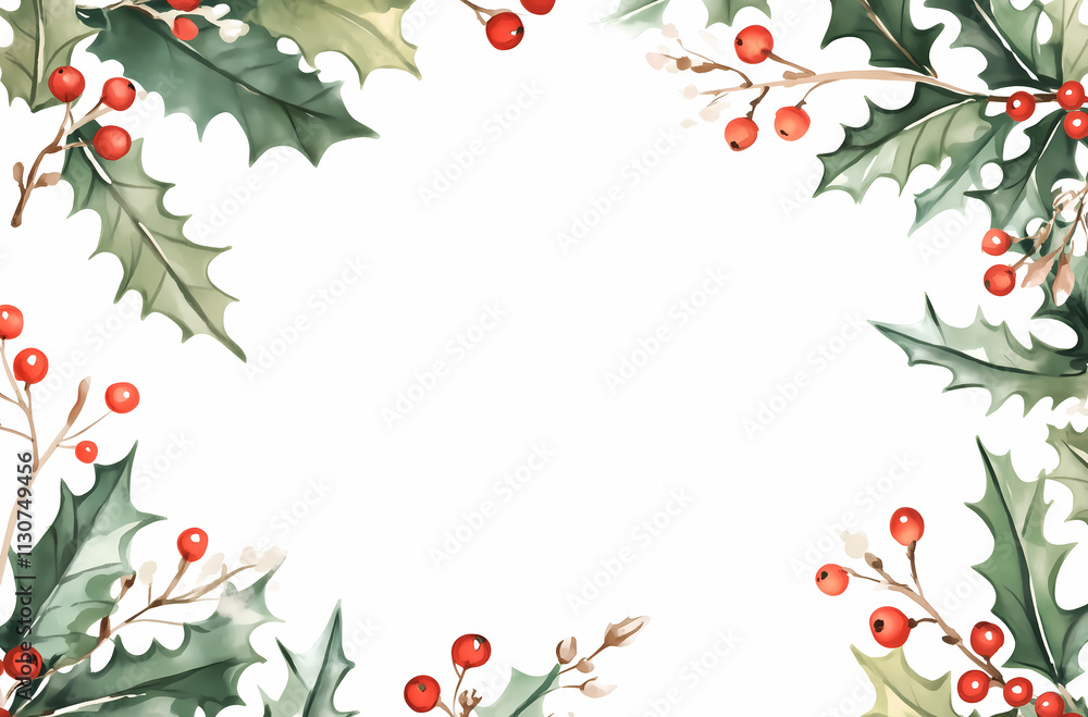 Fototapeta premium Christmas illustrations watercolor background with holly leaves with white space. Watercolor holly with green branches berries on top and bottom. Hand drawn illustration isolated for greetings card