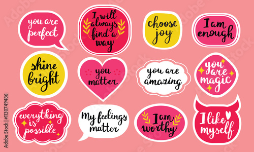 Set with 12 cute girly self love affirmations stickers. Hand drawn vector illustrations isolated on pink background